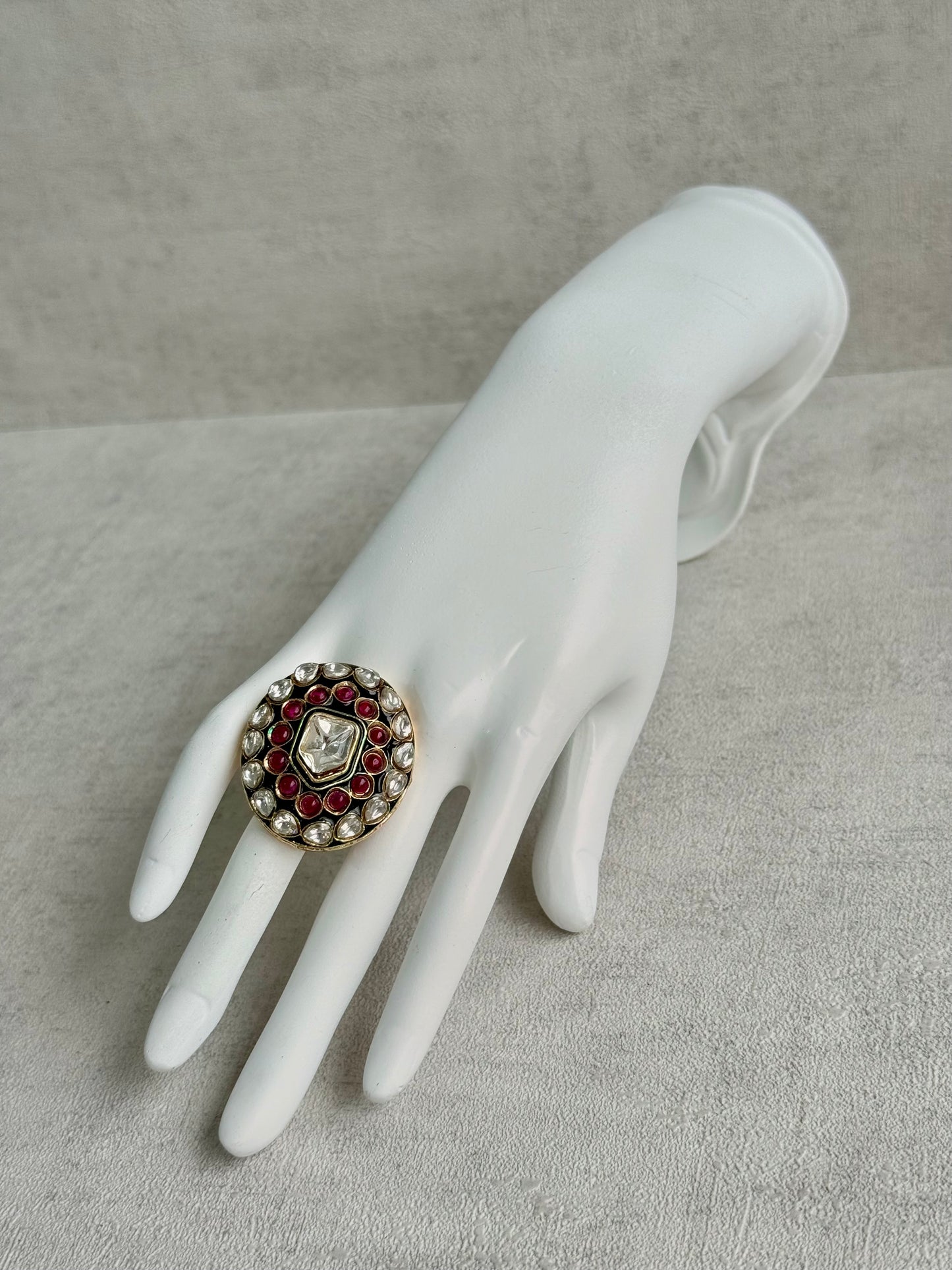 Ayura Designs Lara Adjustable Ring – Mirror-Cut Statement Ring with Ruby Pink Stones & Green Enamel Detailing