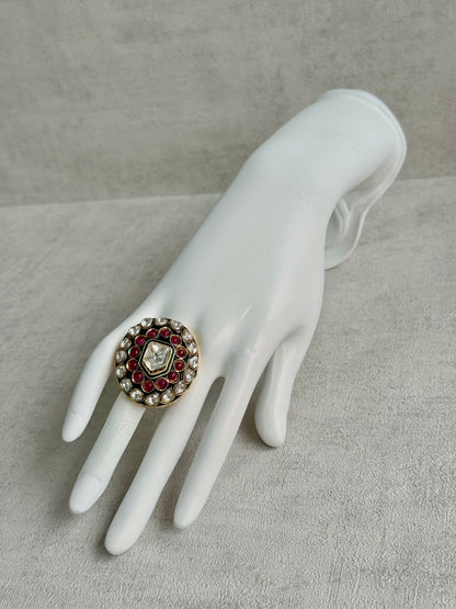 Ayura Designs Lara Adjustable Ring – Mirror-Cut Statement Ring with Ruby Pink Stones & Green Enamel Detailing