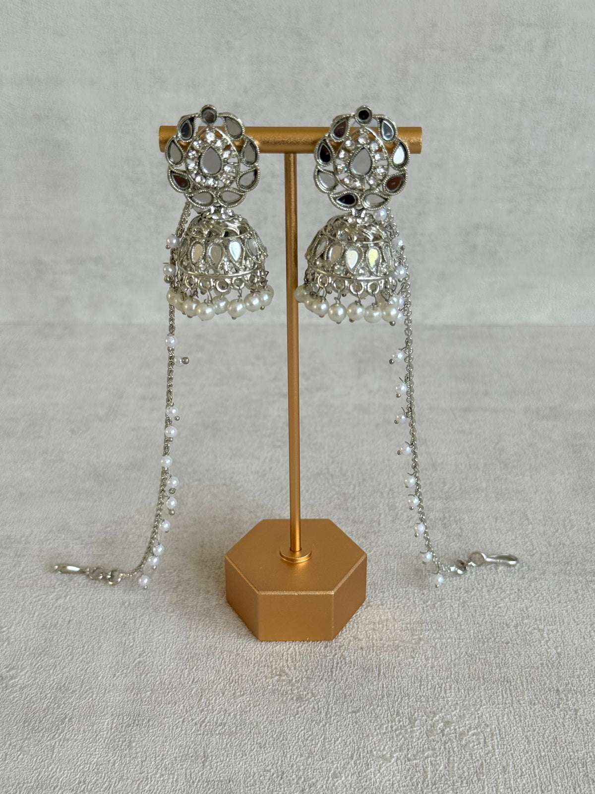 Ayura Designs Mira Jhumkis – Silver Mirror-Cut Earrings with Detachable Single-Layer Pearl Sahare