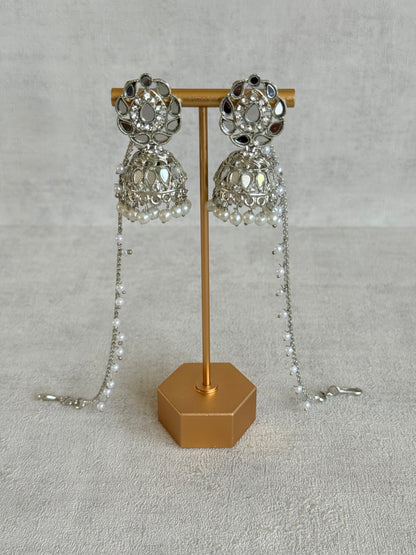 Ayura Designs Mira Jhumkis – Silver Mirror-Cut Earrings with Detachable Single-Layer Pearl Sahare