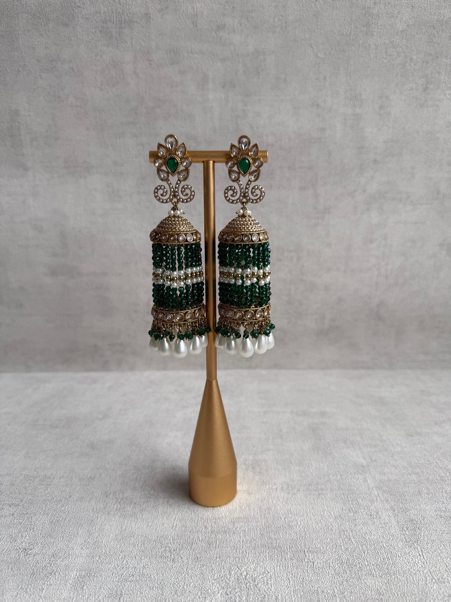 Ayura Designs Sage Earrings – Statement Jhumkis with Mirror-Cut Stones, Pearl Drops & Emerald Green Beads