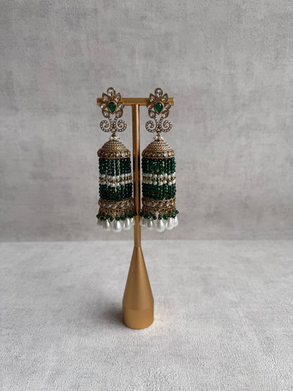 Ayura Designs Sage Earrings – Statement Jhumkis with Mirror-Cut Stones, Pearl Drops & Emerald Green Beads