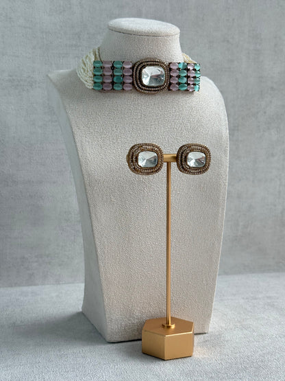 Ayura Designs Emma Choker Set – Mint Green & Blush Pink Gemstone Choker & Studs with Mirror-Cut Centrepiece, Pearl Strands & Crystal Borders