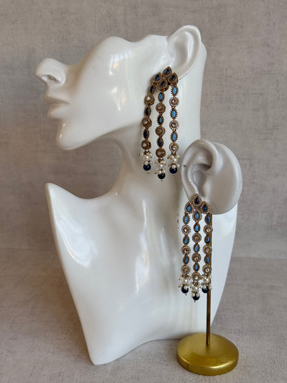 Ayura Designs Emilia Earrings – Gold Triple Strand Statement Earrings with Ink Blue Stones & Pearl Drops