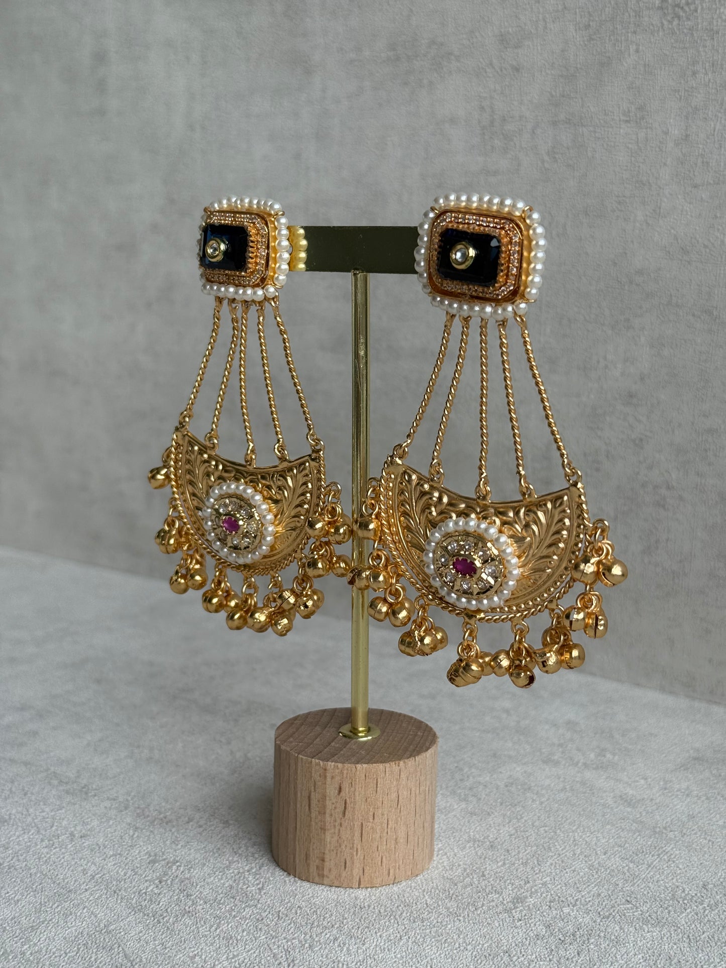 Ayura Designs Jheel Earrings – Navy Half-Moon Drops with Pearl Edging & Golden Ghungroos
