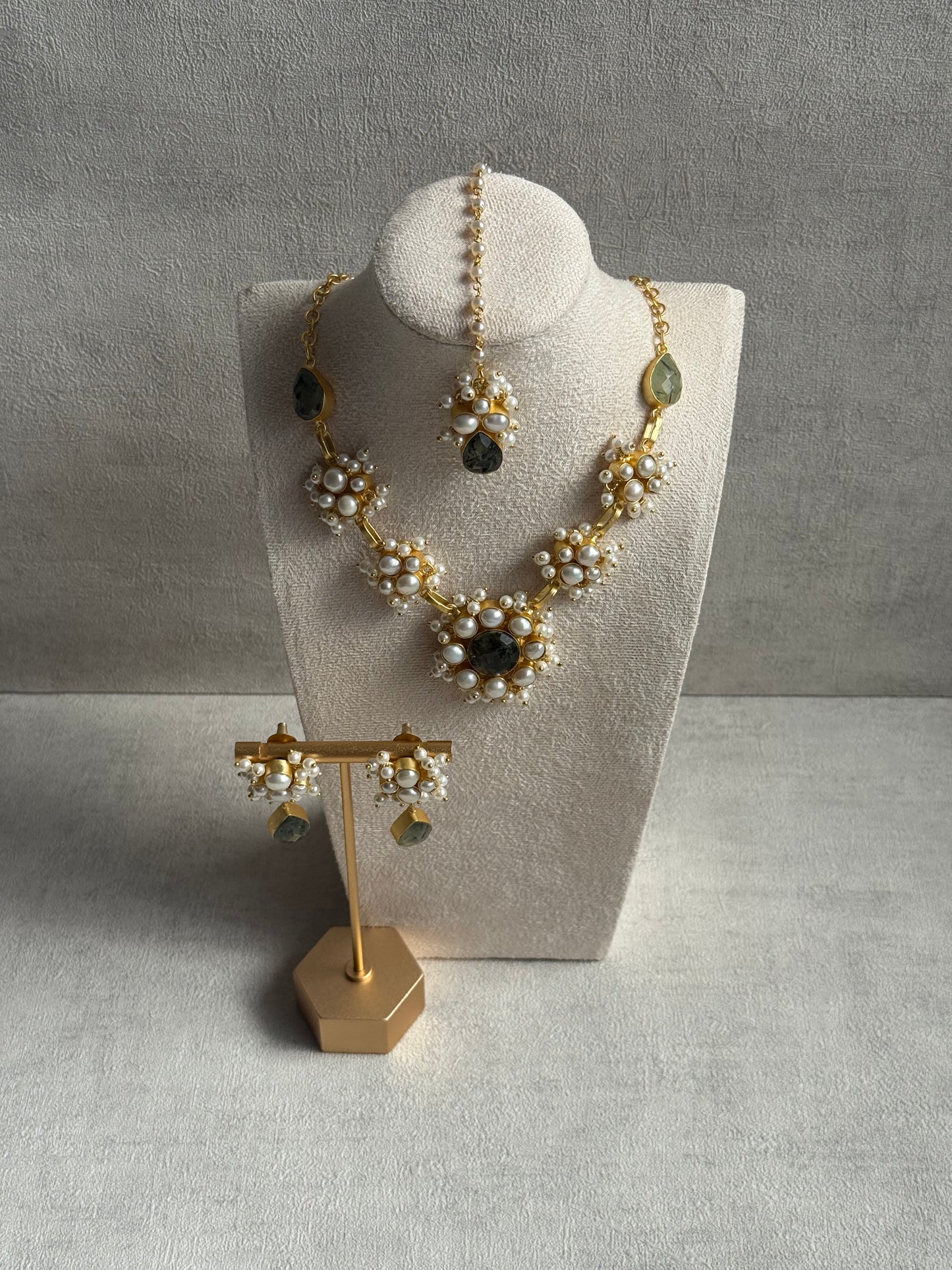 Ayura Designs Mireya Set with Earrings & Tikka – Pearls, Prehnite Drops & Antique Gold Finish