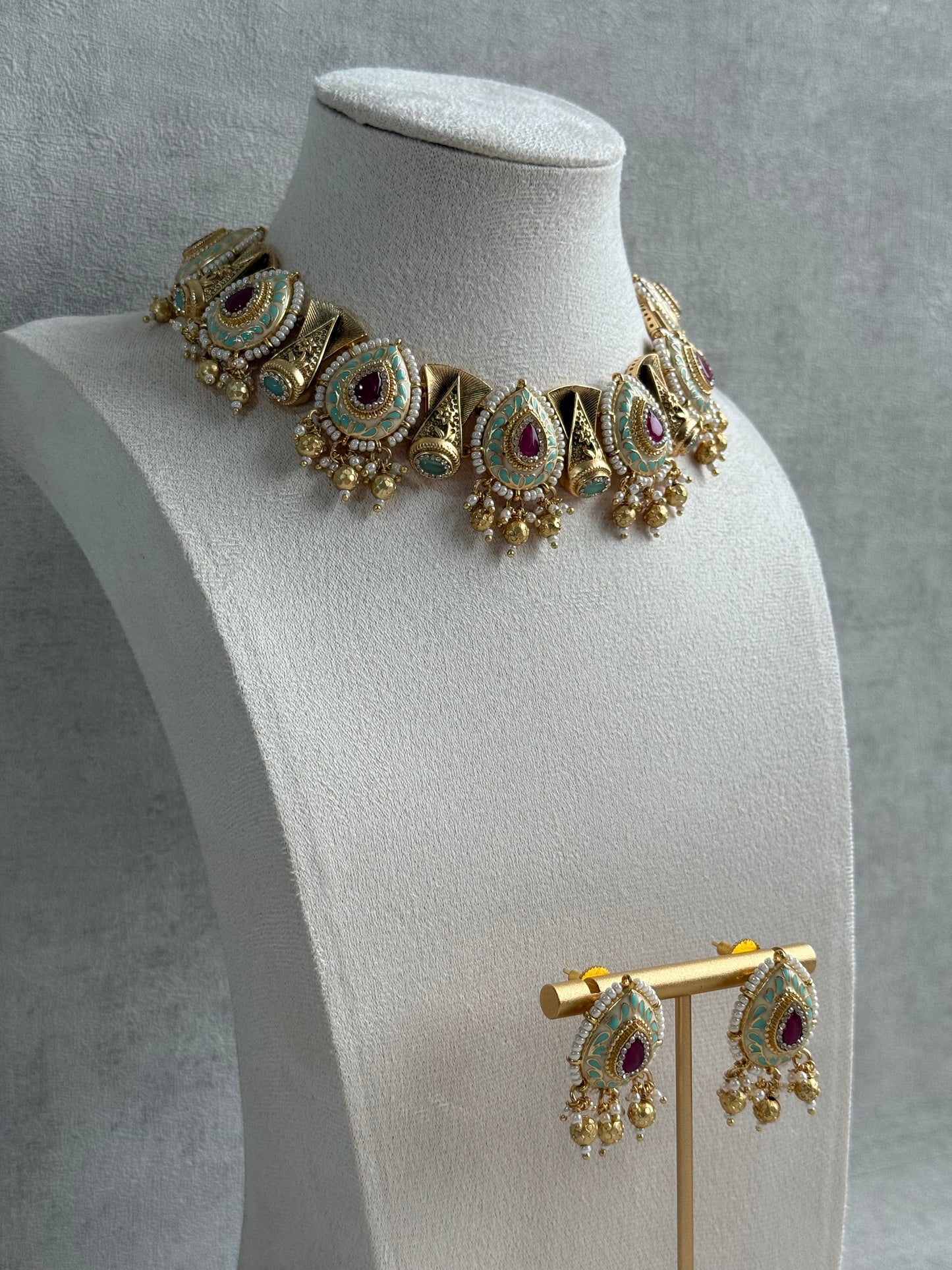 Ayura Designs Aaira Set with Necklace & Studs – Mint Green Meenakari with Rani Pink Centre & Pearl Detailing