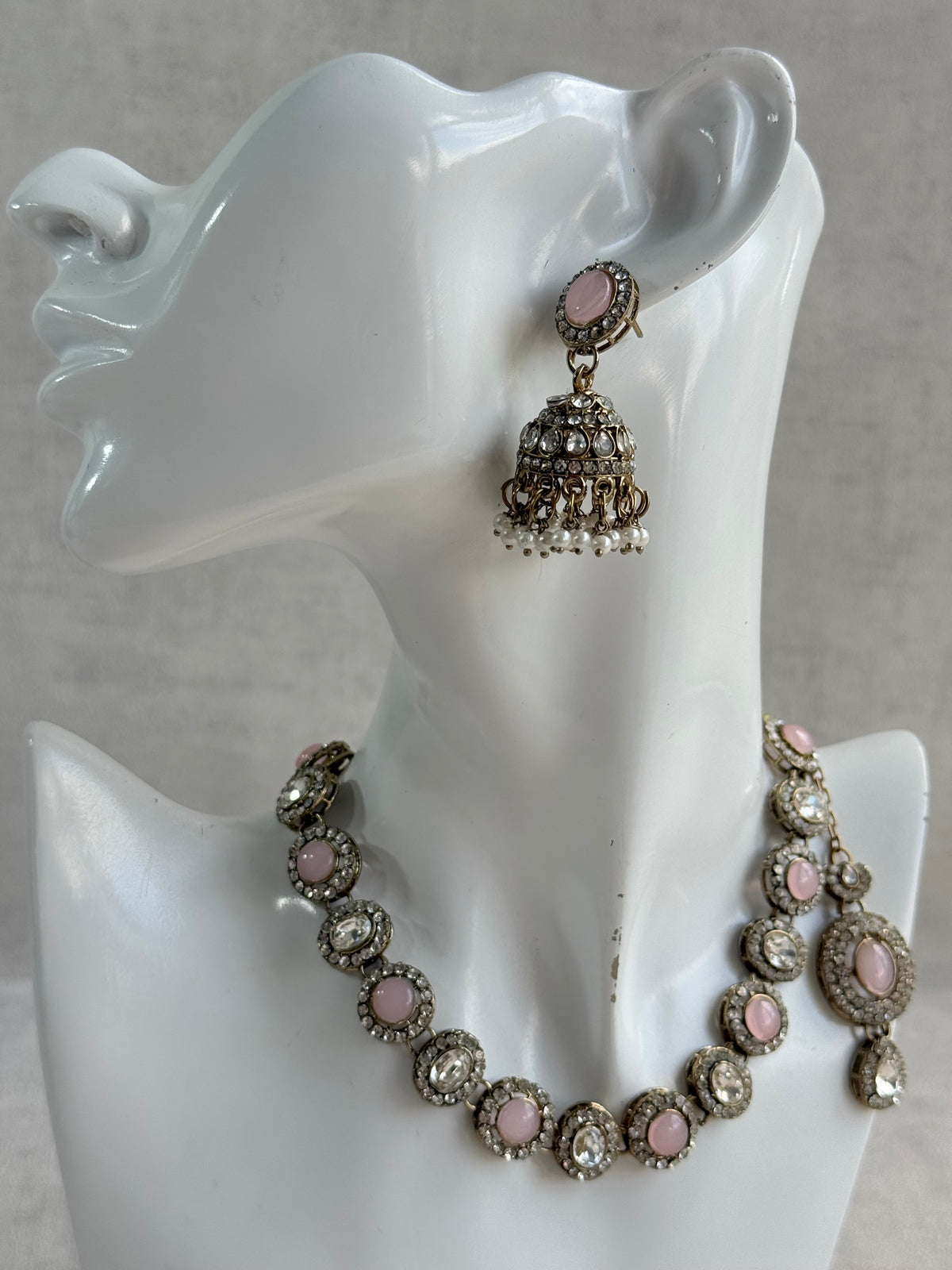 Ayura Designs Eira Necklace Set with Earrings & Tikka – Blush Pink & Crystal Stones with Antique Gold Finish
