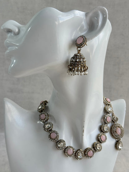 Ayura Designs Eira Necklace Set with Earrings & Tikka – Blush Pink & Crystal Stones with Antique Gold Finish