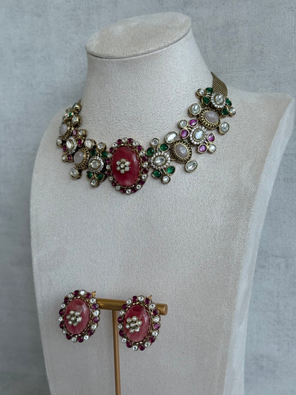 Ayura Designs Nova Necklace Set with Stud Earrings – Rose Pink Centre Stone, Kundan Detailing & Multicolour Gemstone Accents