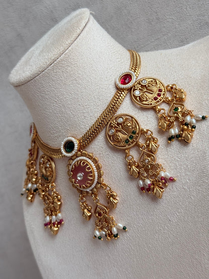Ayura Designs Parchhai Necklace Set with Earrings – Rose Pink, Ruby Red & Emerald Green Stones, Bird Motifs & Pearl Detailing