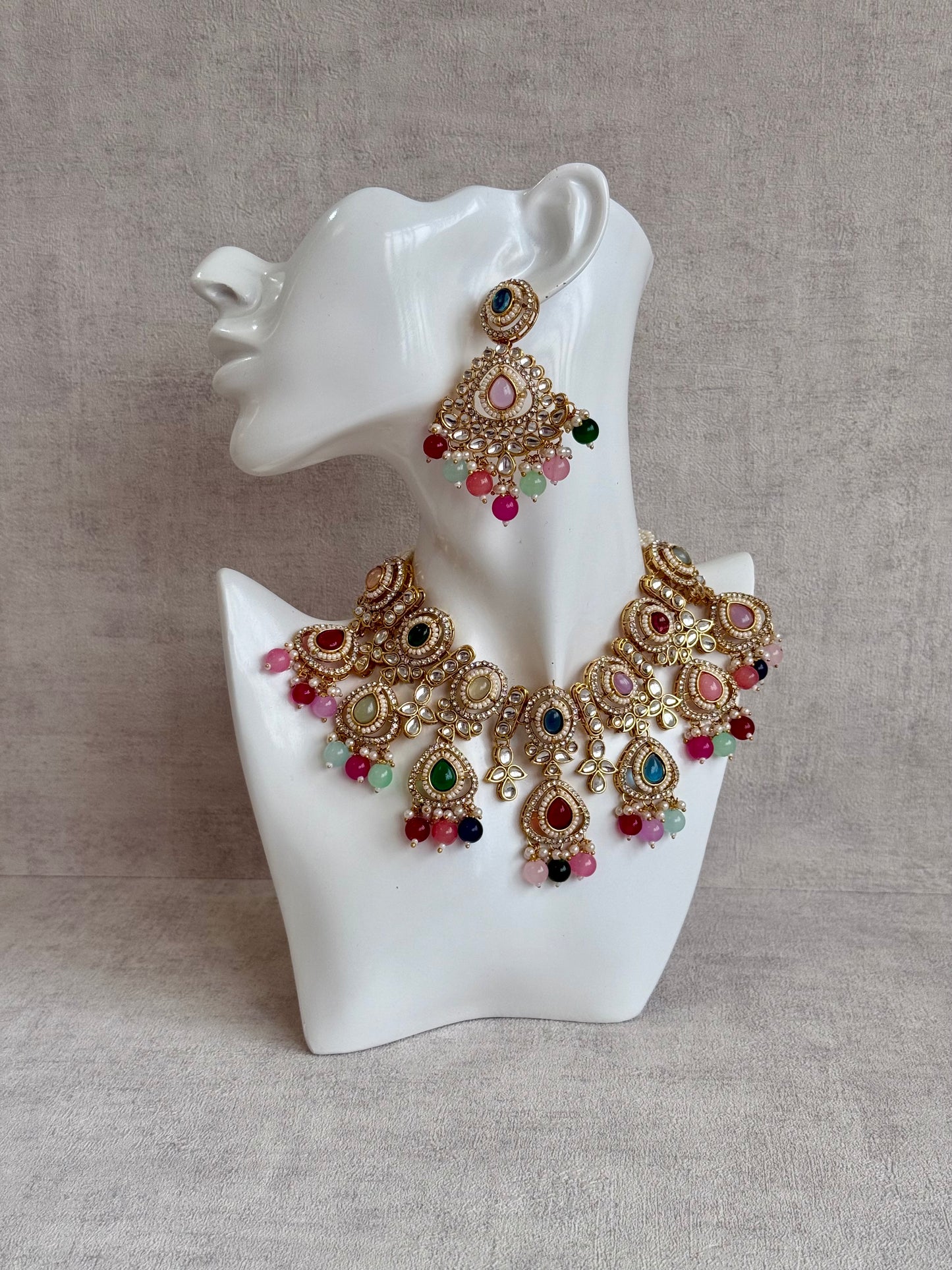 Ayura Designs Janvi Set with Necklace, Earrings & Tikka – Kundan Detailing, Multicolour Beads & Pearl Drops