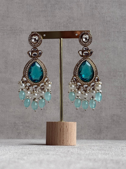 Ayura Designs Nageen Earrings – Antique Gold Jhumkis with Aqua Blue Stones, Mirror-Cut Accents & Pearl Drops