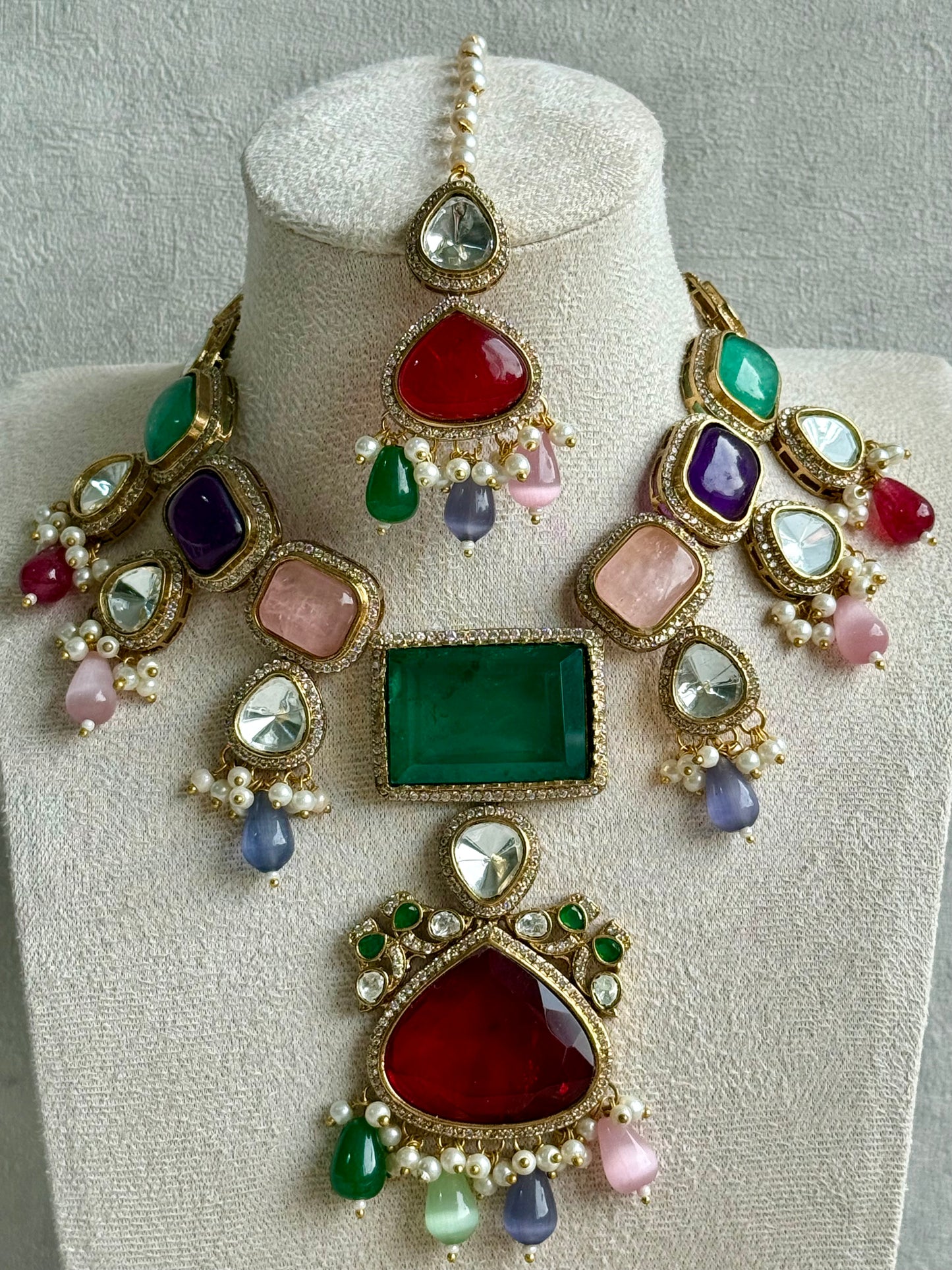 Ayura Designs Lara Set – Statement Multicolour Necklace, Earrings & Tikka with Ruby, Emerald & Pastel Beads