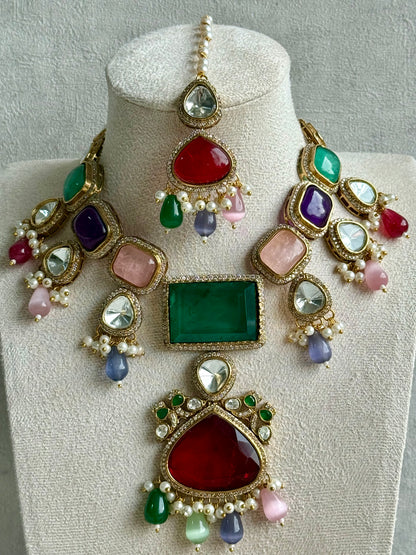 Ayura Designs Lara Set – Statement Multicolour Necklace, Earrings & Tikka with Ruby, Emerald & Pastel Beads