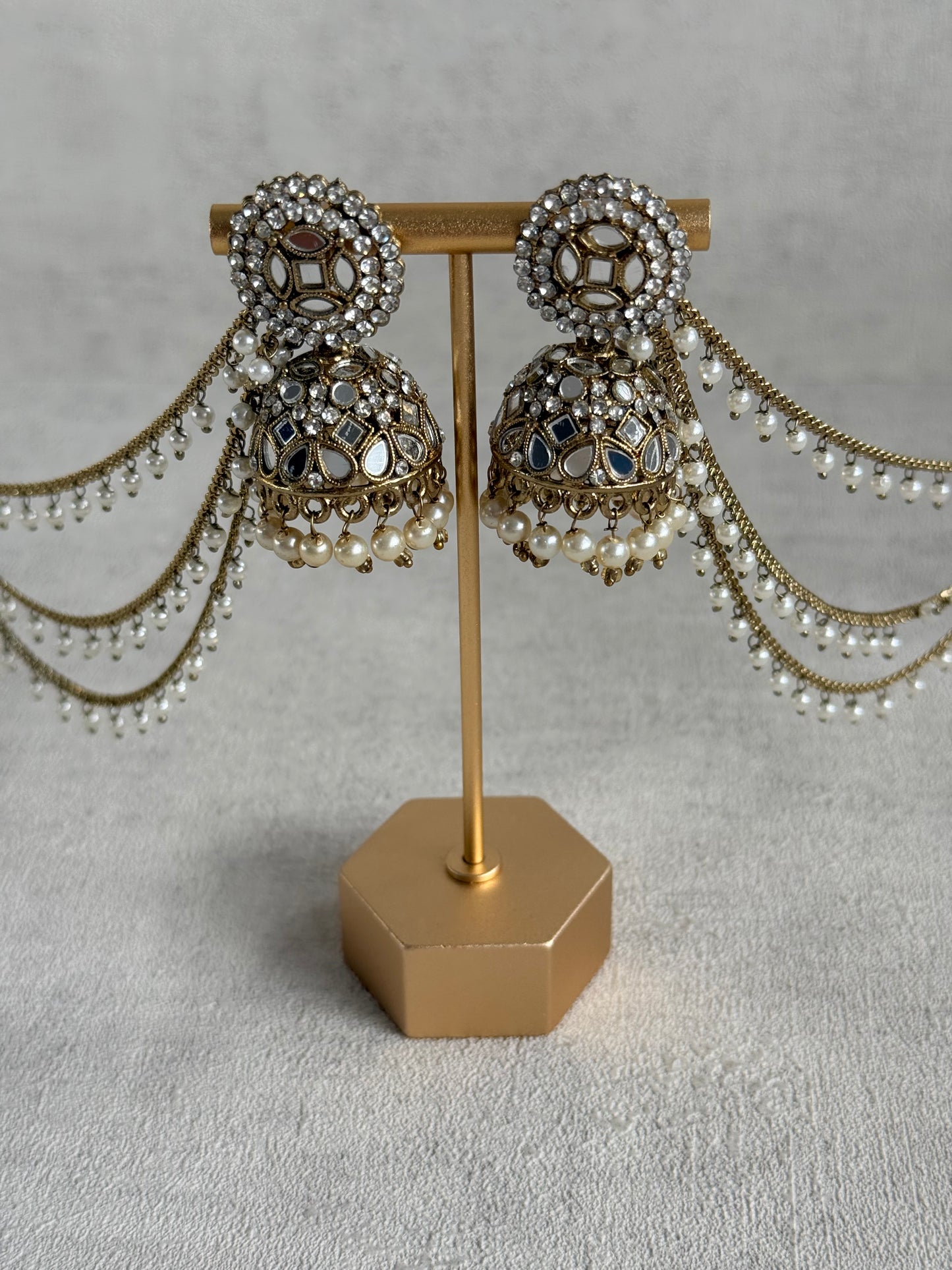 Ayura Designs Aaina Jhumkis – Antique Gold Mirror & Crystal Earrings with Detachable Triple-Layer Pearl Sahare