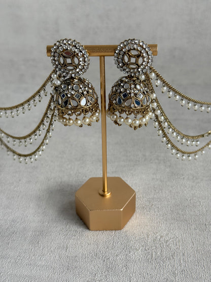 Ayura Designs Aaina Jhumkis – Antique Gold Mirror & Crystal Earrings with Detachable Triple-Layer Pearl Sahare