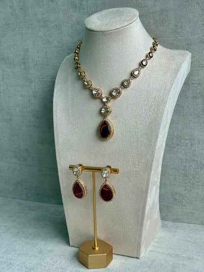 Ayura Designs Lilly Set with Necklace & Earrings – Burnt Crimson Marble Stones, Mirror-Cut Accents & Antique Gold Finish