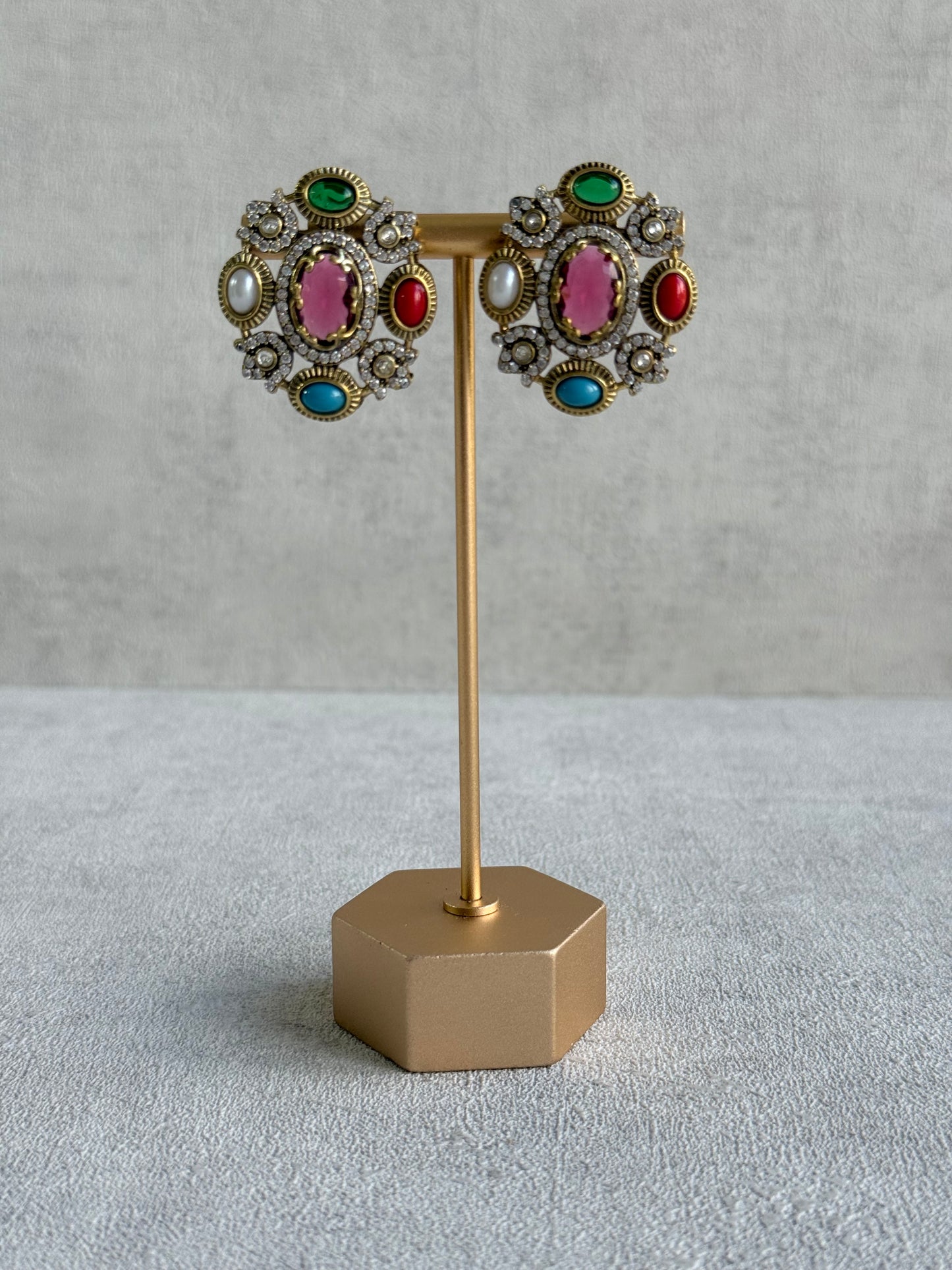 Ayura Designs Celia Stud Earrings – Rani Pink & Multicolour Stones with Gold Finish