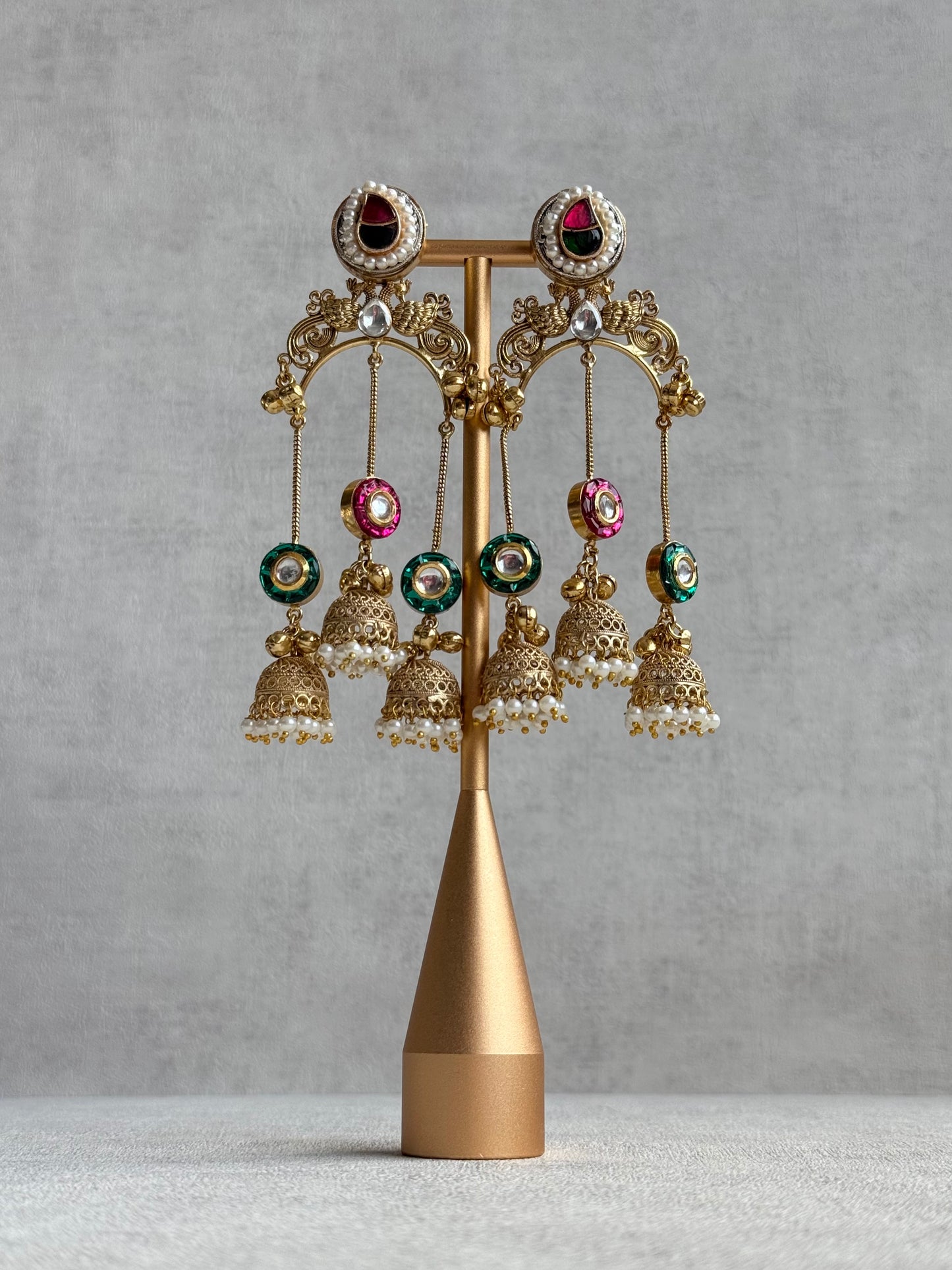 Ayura Designs Arzina Earrings – Triple Jhumki Earrings with Pink & Emerald Green Stones, Pearl Borders & Gold Detailing