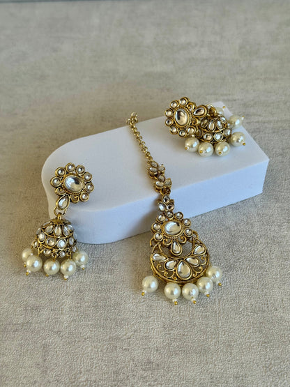Ayura Designs Tehzeeb Set – Necklace, Tikka & Jhumkas in Antique Gold and Pearls