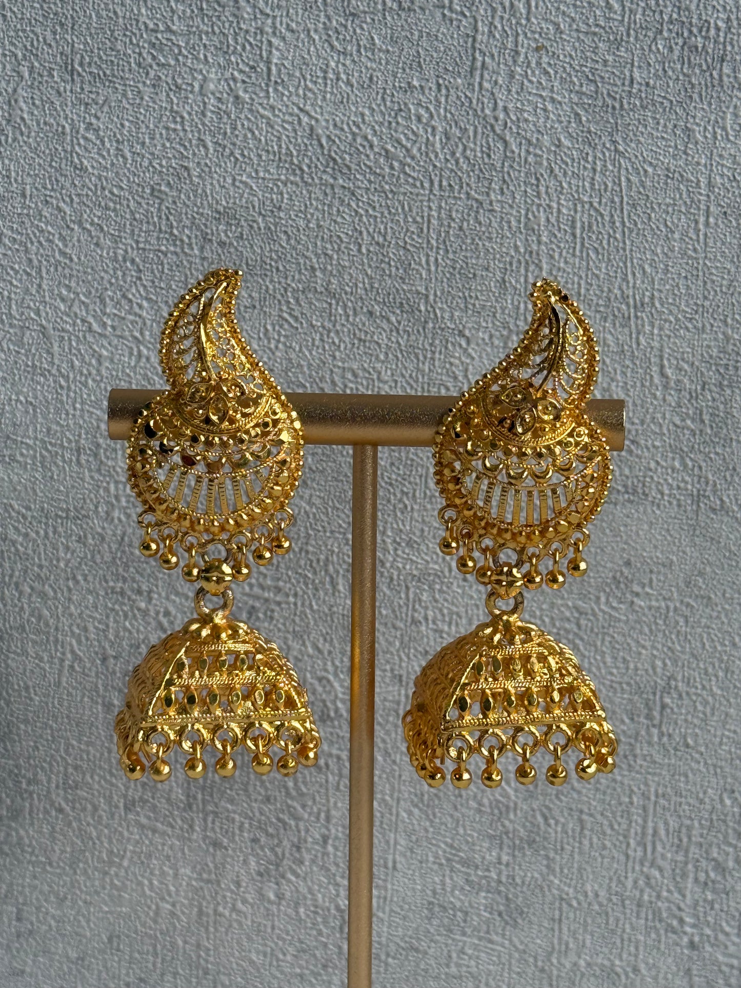 Ayura Designs Sonal Jhumkis – Antique Gold Filigree Earrings with Dome Detailing & Mini Ghungroos