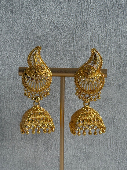 Ayura Designs Sonal Jhumkis – Antique Gold Filigree Earrings with Dome Detailing & Mini Ghungroos