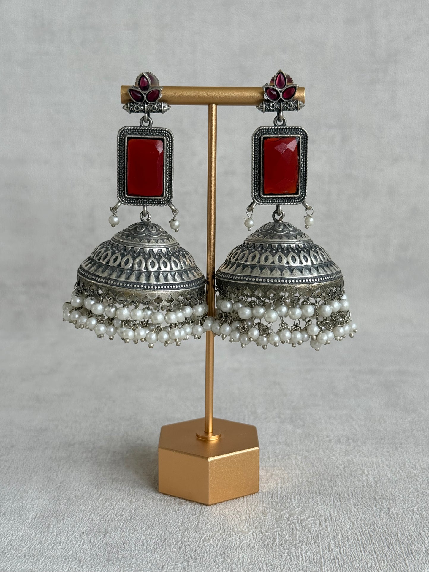 Ayura Designs Zeba Earrings – Oxidised Statement Jhumkis in Ruby Red & Pink Stones with Pearl Detailing