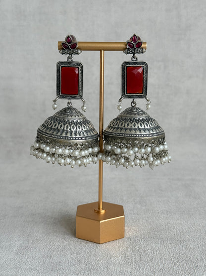 Ayura Designs Zeba Earrings – Oxidised Statement Jhumkis in Ruby Red & Pink Stones with Pearl Detailing