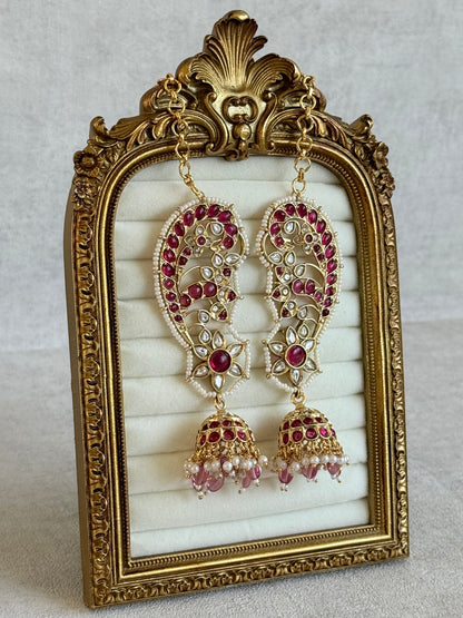 Ayura Designs Urisha Ear Climber Jhumkis – Ruby Pink, Kundan & Pearl Detailing