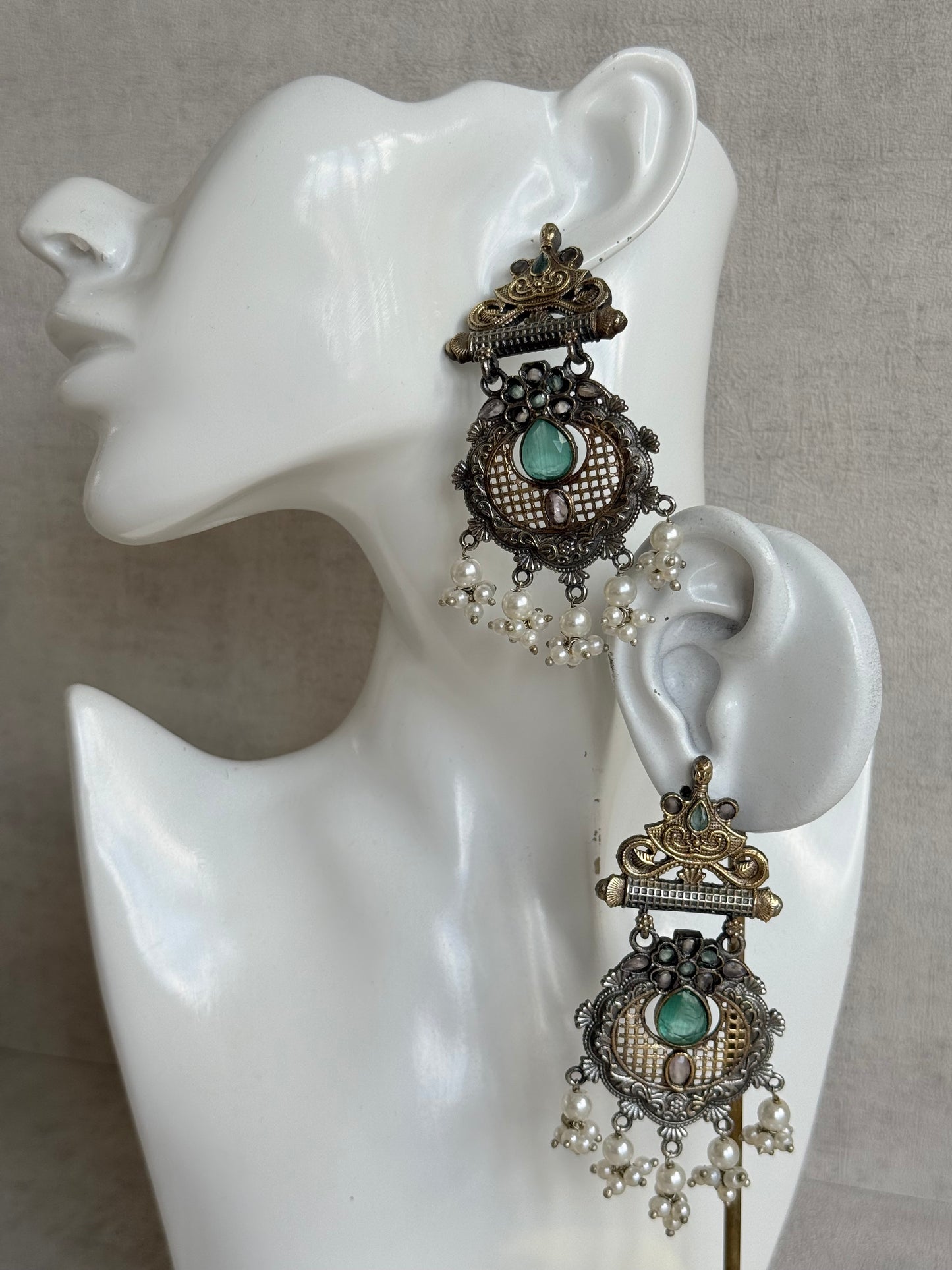 Ayura Designs Haya Earrings – Oxidised Statement Earrings with Aqua & Blush Stone Detailing