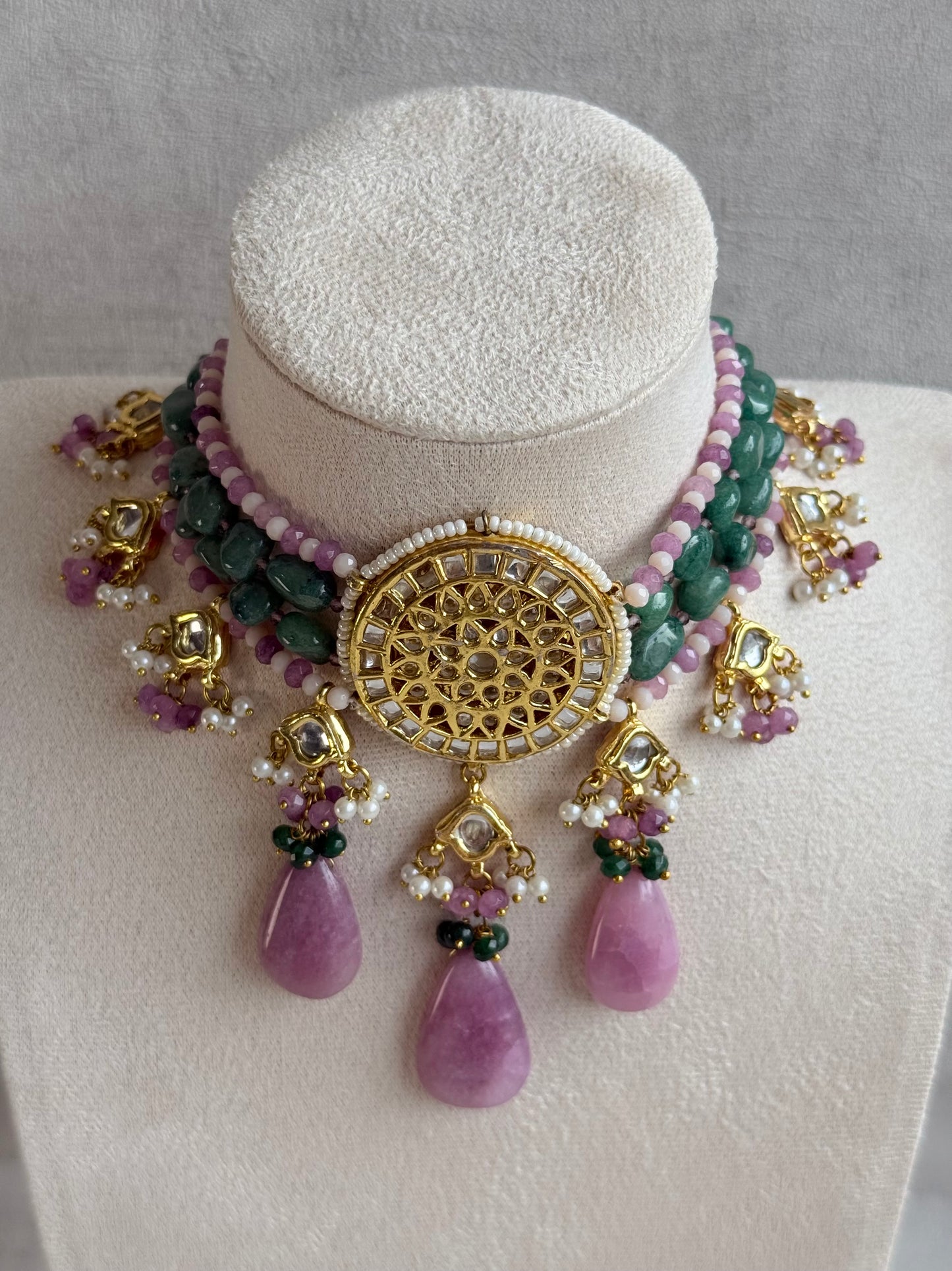 Ayura Designs Rabeeya Kundan Choker Set with Earrings – Blush Pink & Emerald Green Bead Detailing