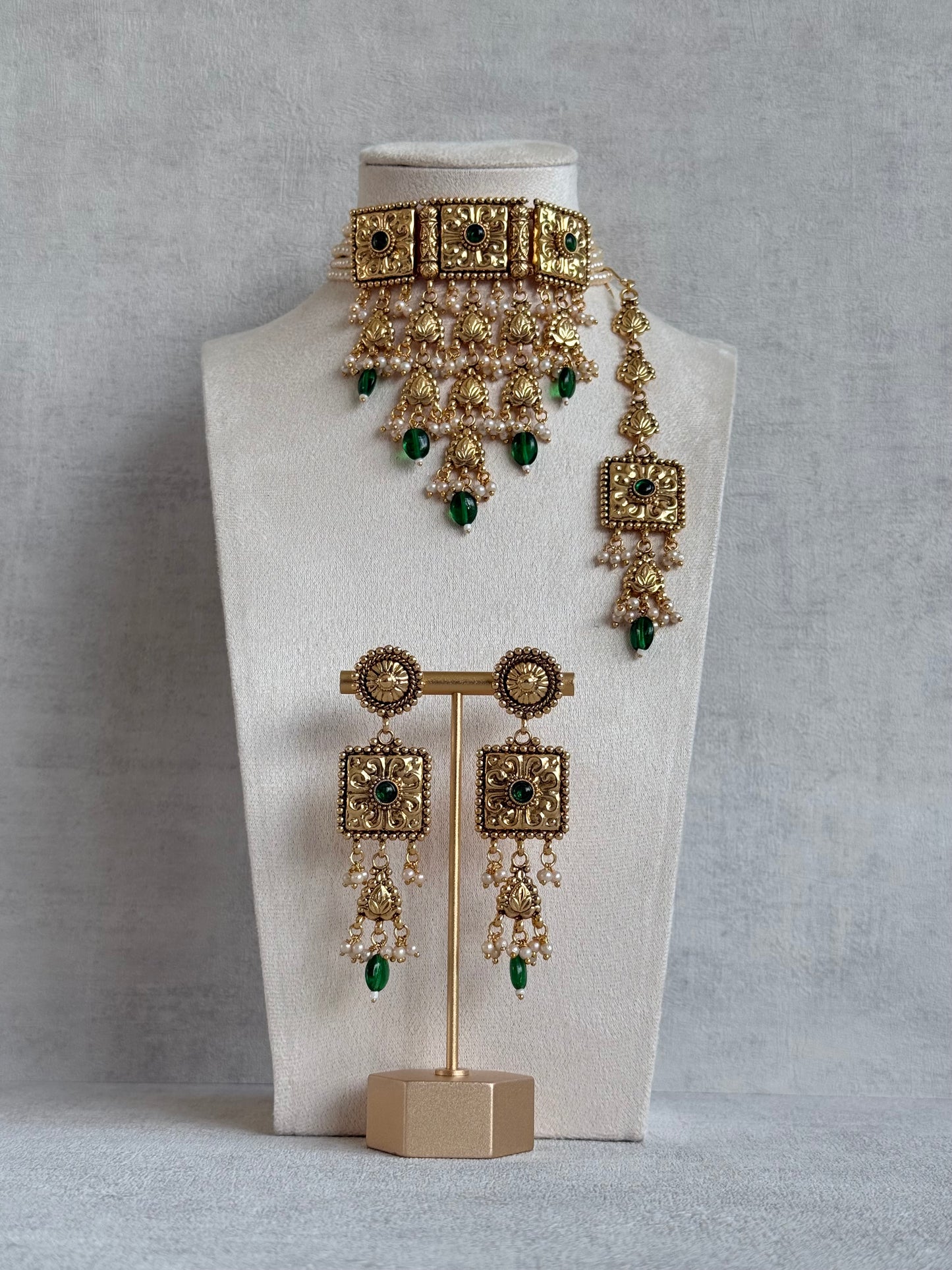 Ayura Designs Nimrah Choker Set with Earrings & Tikka – Emerald Green Gold Tone Waterfall Jewellery Set
