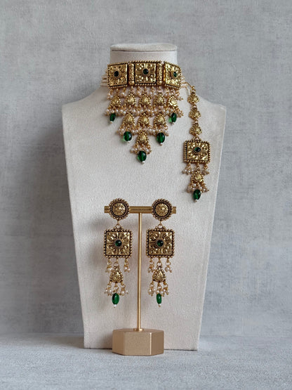 Ayura Designs Nimrah Choker Set with Earrings & Tikka – Emerald Green Gold Tone Waterfall Jewellery Set