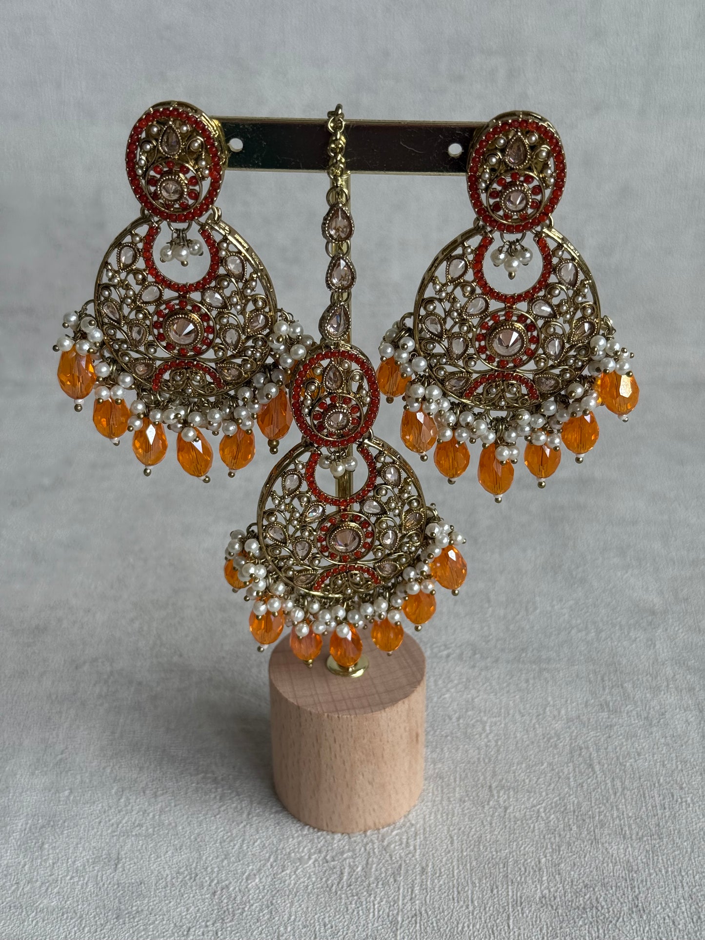 Ayura Designs Almas Tikka Set with Earrings, Tikka & Sahara – Orange Beads & Antique Gold Finish
