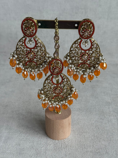 Ayura Designs Almas Tikka Set with Earrings, Tikka & Sahara – Orange Beads & Antique Gold Finish