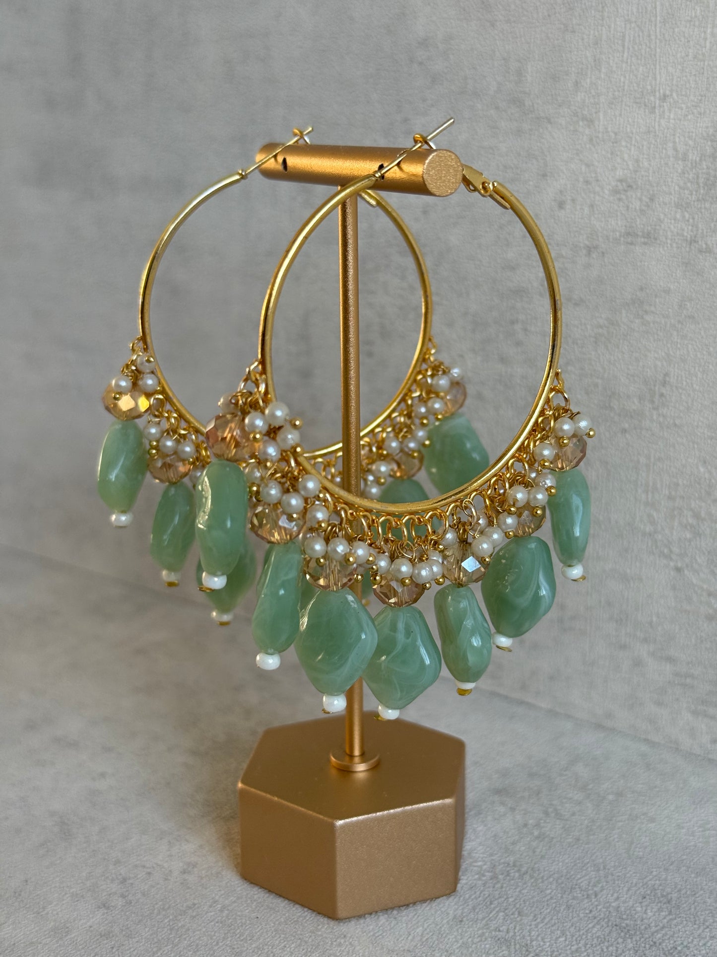 Ayura Designs Heer Balis – Gold Hoops with Mint Marble Beads, Pearls & Crystal Detailing