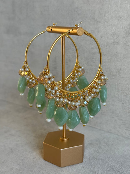 Ayura Designs Heer Balis – Gold Hoops with Mint Marble Beads, Pearls & Crystal Detailing