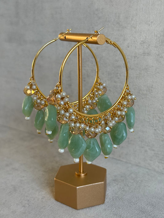 Ayura Designs Heer Balis – Gold Hoops with Mint Marble Beads, Pearls & Crystal Detailing
