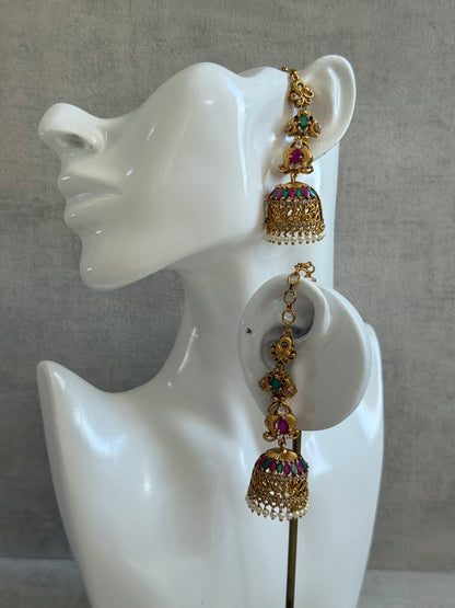 Ayura Designs Alar Jhumkis – Ear Climber in Antique Gold with Emerald & Pink Stones and Pearl Drops