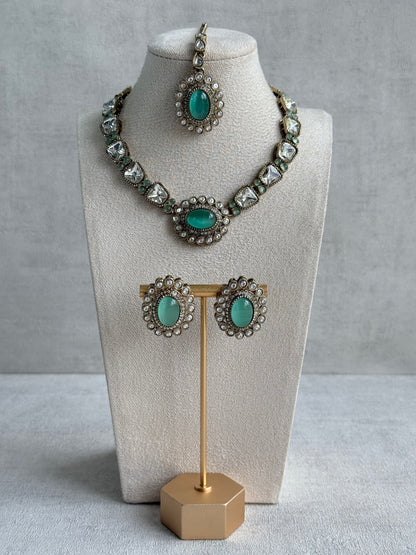 Ayura Designs Inza Necklace Set – Aqua Green Stones, Kundan & Crystals with Antique Gold Finish