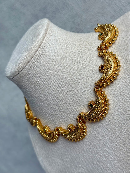 Ayura Designs Dhun Set – Necklace & Earrings with Antique Gold Crescent Motifs, Rani Pink & Emerald Detailing