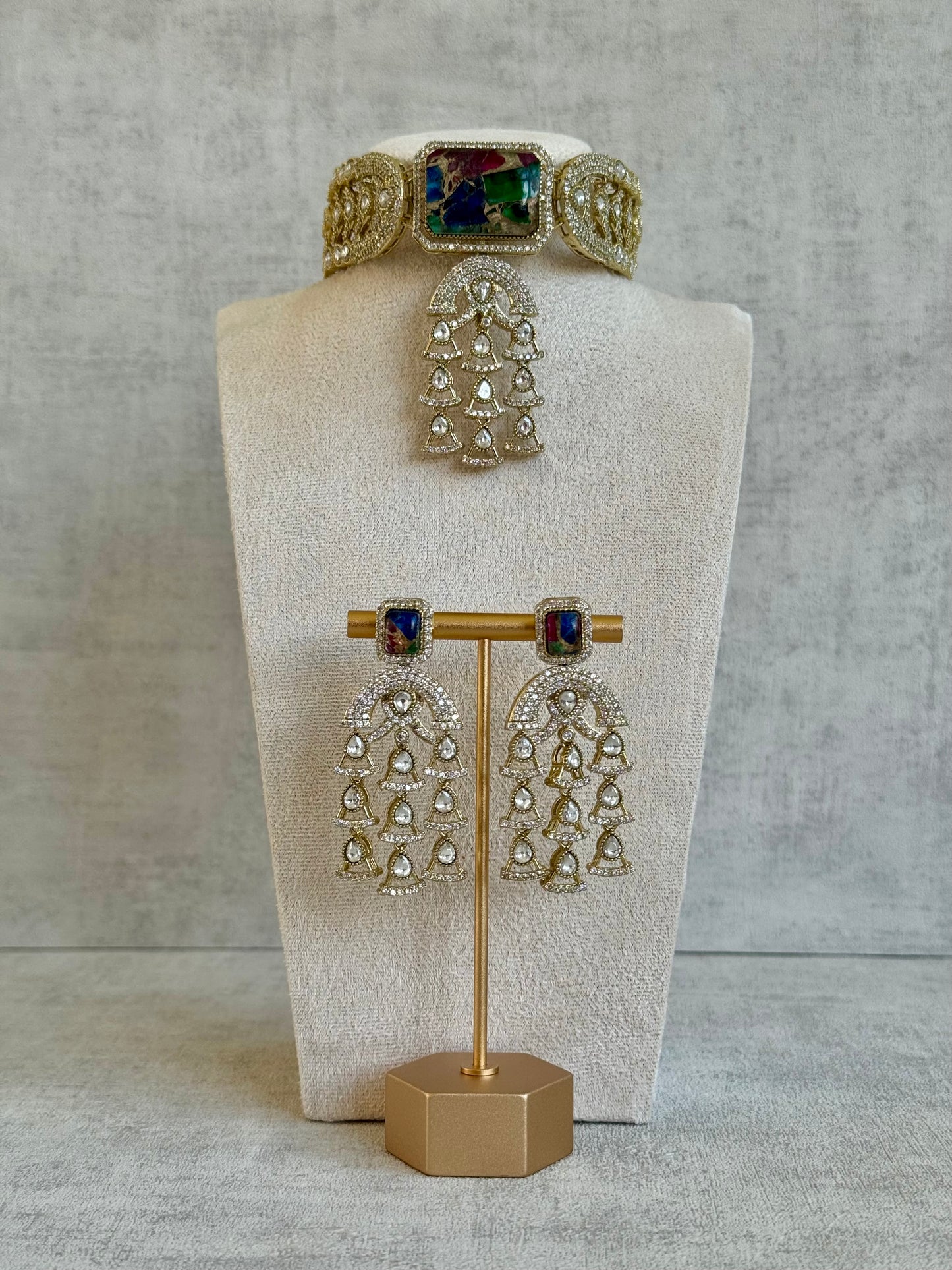 Ayura Designs Isla Choker Set with Earrings – Multicolour Marble & Moissanite Stones