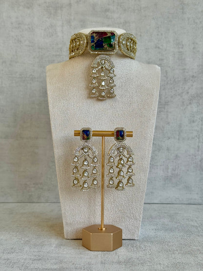 Ayura Designs Isla Choker Set with Earrings – Multicolour Marble & Moissanite Stones