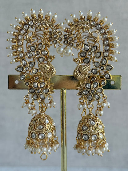 Ayura Designs Nitya Kaanphool Jhumkis – Gold Half Ear Cuff Earrings, Peacock Motifs, Kundan, Ivory Pearl Drops & Sahare