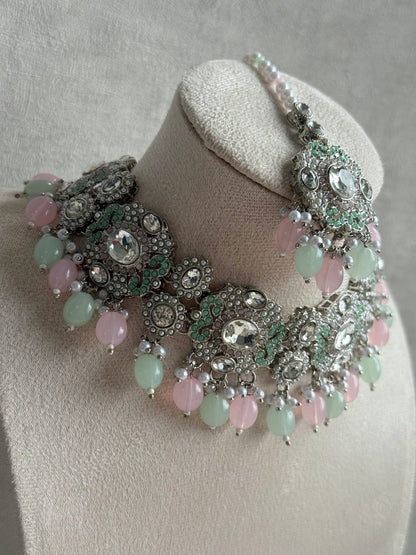 Ayura Designs Uzairah Set with Tikka & Sahare Jhumkis – Pastel Mint & Blush Beads with Pearl Strands & Mirror-Cut Detailing