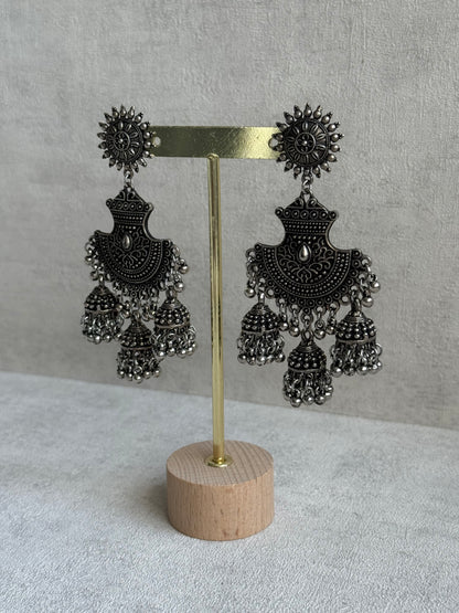 Ayura Designs Mahfar Earrings – Oxidised Silver Jhumkas with Sunburst Tops & Triple Dome Drops