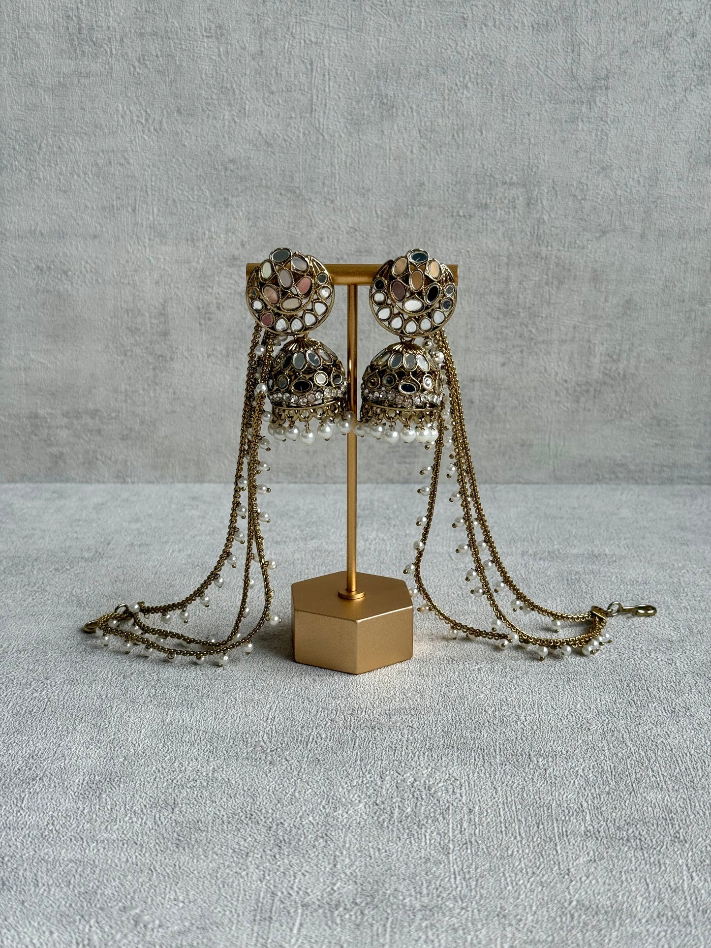 Ayura Designs Aaina Jhumkis – Antique Gold Mirror-Cut Dome Earrings with Detachable Pearl Sahare