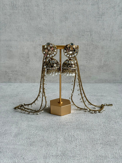 Ayura Designs Aaina Jhumkis – Antique Gold Mirror-Cut Dome Earrings with Detachable Pearl Sahare