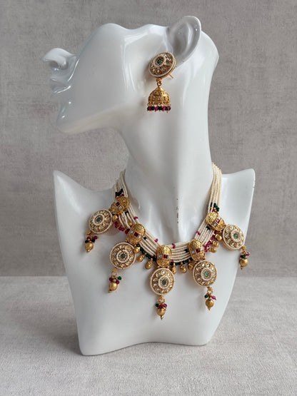 Ayura Designs Kesar Necklace Set with Jhumkis – Multi-Strand Pearl Design, Kundan, Rani Pink & Green Stones & Gold Finish